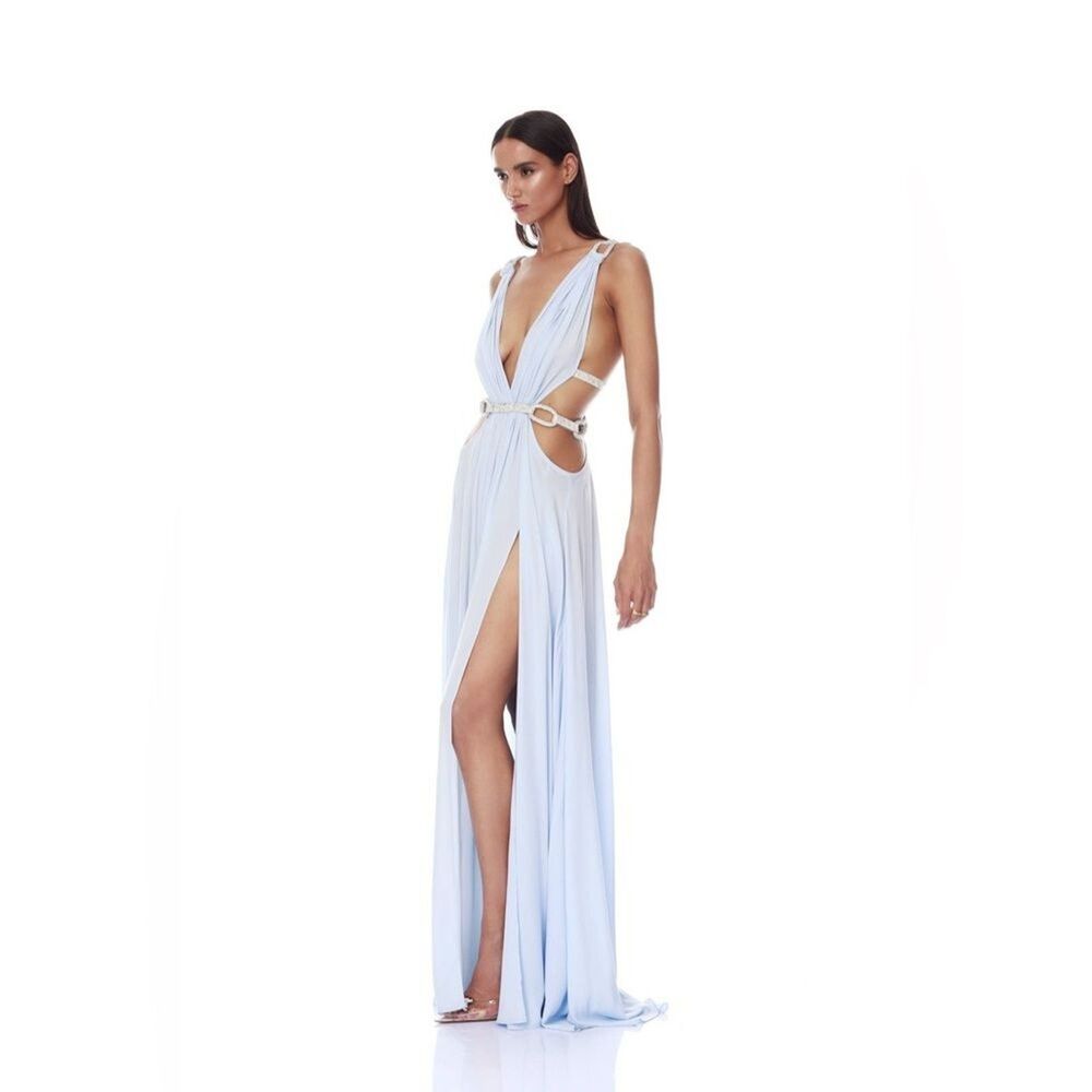 NEW Bronx Banco Brielle Powder Blue Diamond Gown Elegant Plunge Cutout dress, XS - Picture 3 of 16